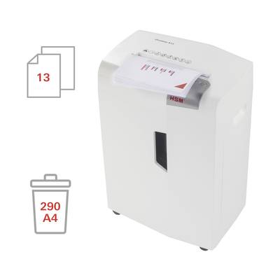 Destructeur de documents avec capacité de 13 feuilles, compartiment à papier visible et bac de récupération pouvant contenir jusqu'à 290 pages au format A4.