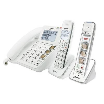 Trois téléphones fixes blancs pour seniors avec touches larges, bouton SOS et touches photo pour numérotation rapide. Idéal pour une utilisation simple.