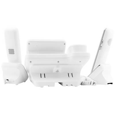 Téléphones blancs sans fil alignés côte à côte, vue arrière montrant la base et les combinés.