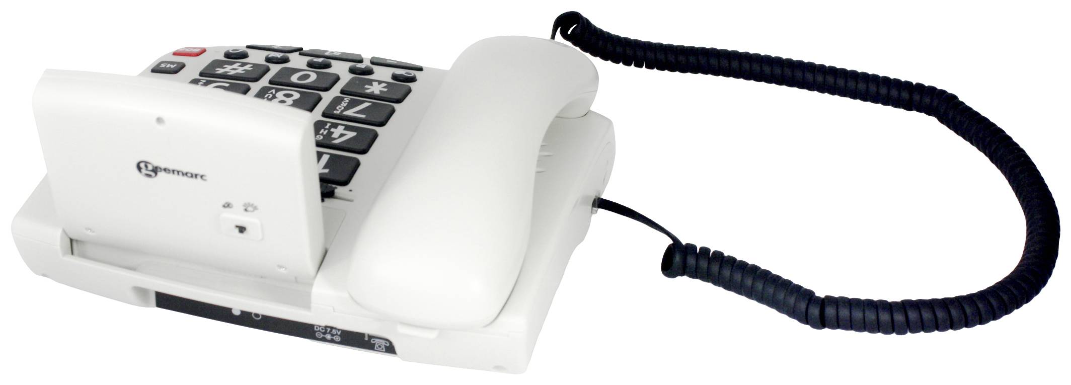 Un téléphone de table blanc avec des touches larges et faciles à lire, et un cordon spiralé, adapté aux personnes malvoyantes.