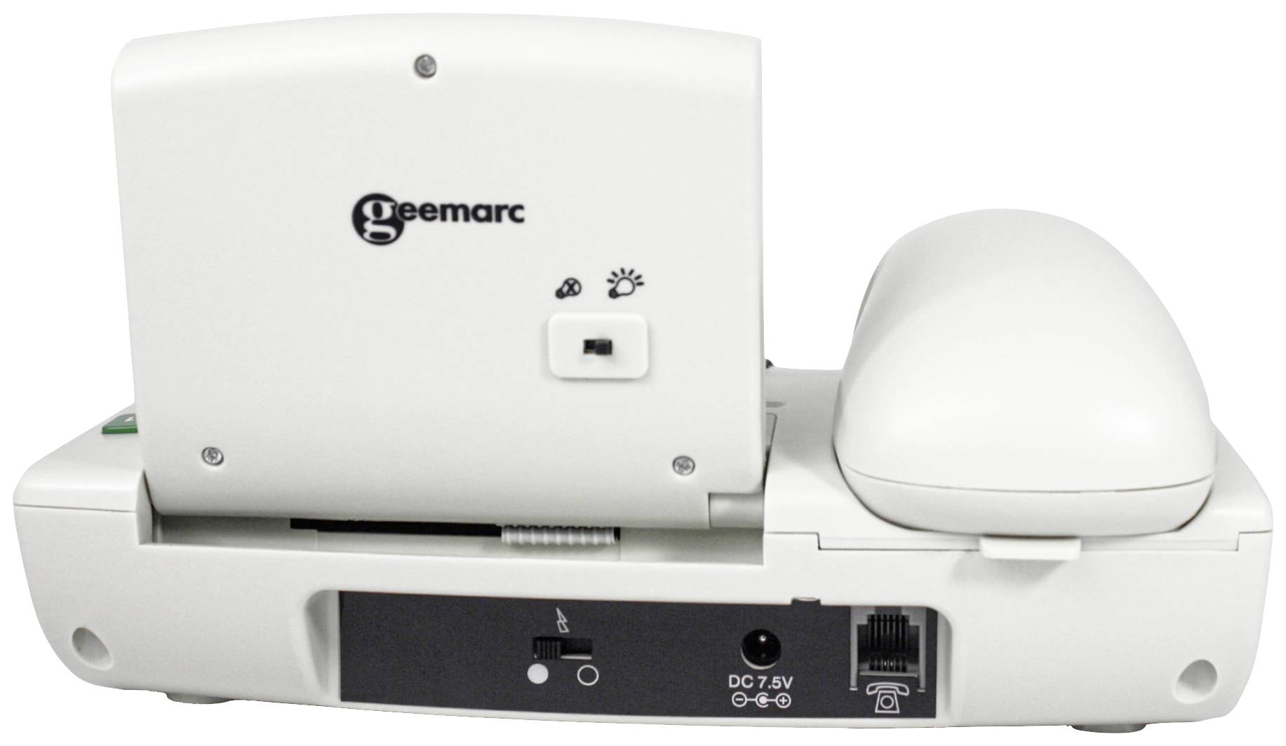 Arrière d'une station de base de téléphone Geemarc avec ses connexions et interrupteurs. On peut y voir la prise d'alimentation électrique et la prise de câble téléphonique.