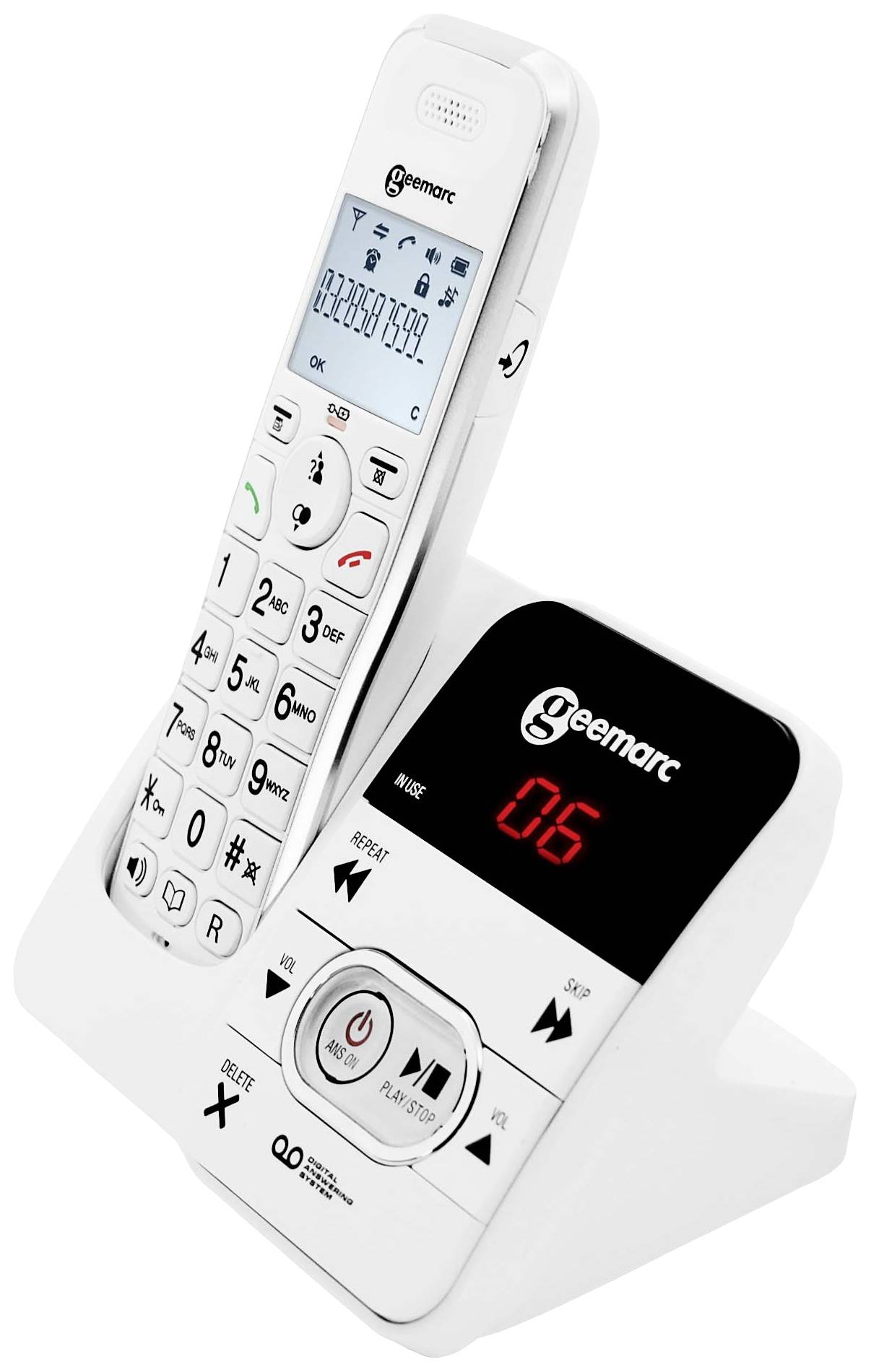 Geemarc AMPLIDECT 295 Téléphone sans fil pour séniors répondeur téléphonique écran éclairé blanc