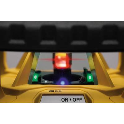 Une unité de nivellement laser jaune est activée, affichant un rayon laser rouge. Face avant avec interrupteur 'ON/OFF' visible.