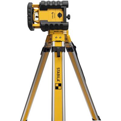 Trépied de construction jaune avec un appareil laser fixé pour le mesurage. Logo 'Stabila' visible sur le trépied.