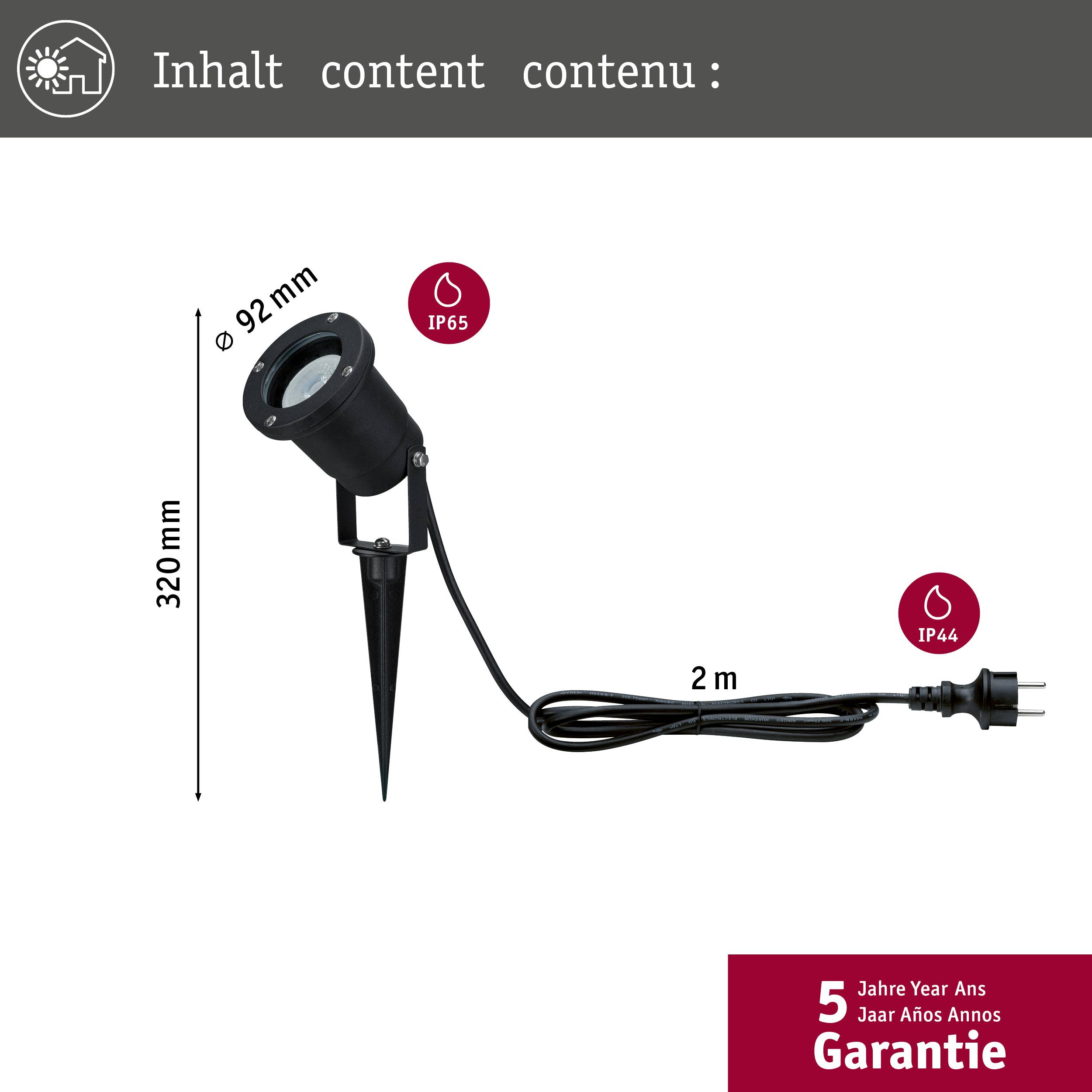 Un projecteur de jardin noir avec piquet de terre, IP65, câble de 2 m, fiche IP44. Marquage '5 ans de garantie'. Dimensions : hauteur 320 mm, diamètre 92 mm.