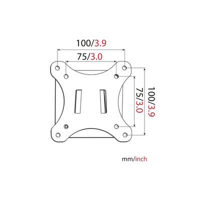 La figure montre un support VESA avec des dimensions : 100x100 mm (3,9x3,9 pouces) et 75x75 mm (3,0x3,0 pouces).