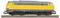 Un train miniature avec une locomotive jaune et grise sur des rails, présentant des fenêtres détaillées et des roues.
