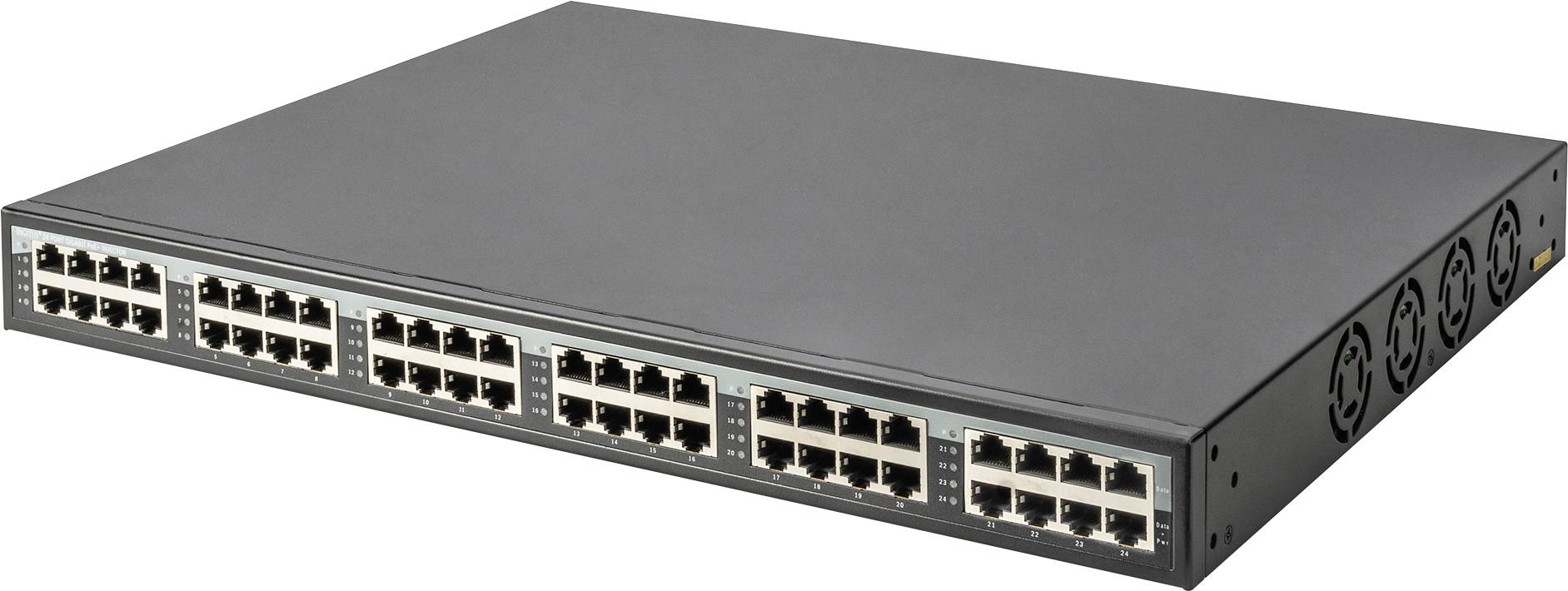 Un commutateur Ethernet de 48 ports dans un boîtier noir, utilisé dans les réseaux pour connecter plusieurs appareils.