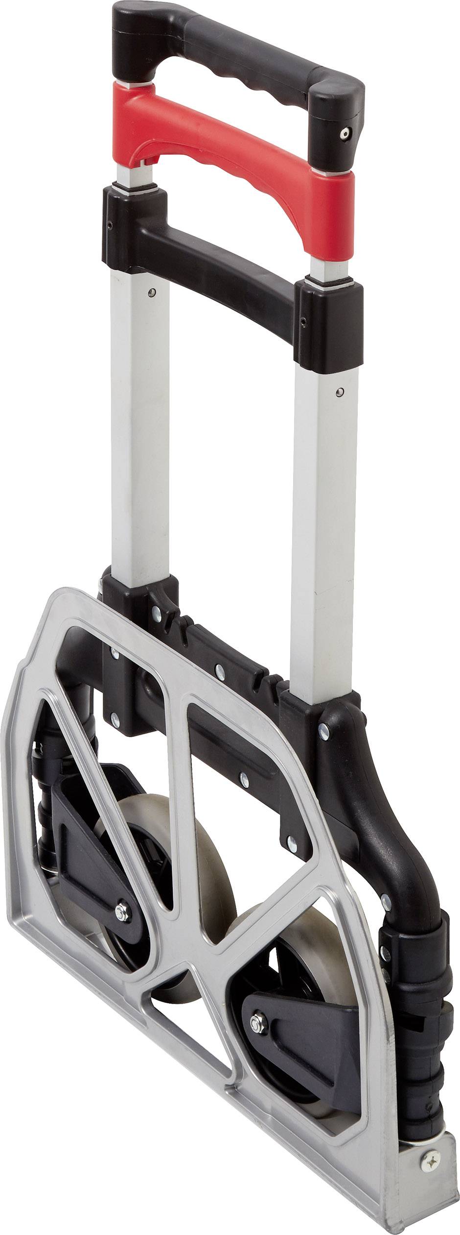 Chariot à main pliable avec poignée noire et deux roues, utile pour le transport d'objets.