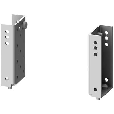 'Deux supports métalliques rectangulaires gris, avec des trous et des rivets, flottant sur une surface blanche, vus de côté.'