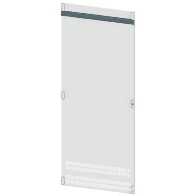 Une porte transparente avec une bande verte en haut, des charnières et une poignée sur le côté. Elle possède des fentes de ventilation en bas.