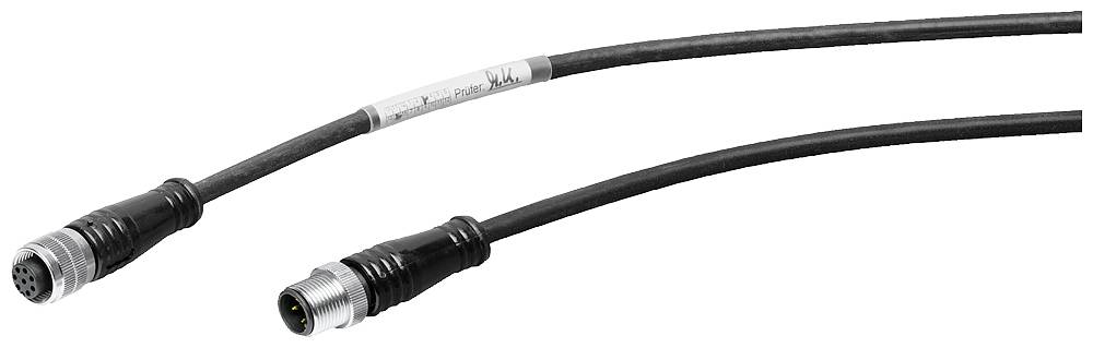 Un câble noir avec des connecteurs métalliques circulaires aux deux extrémités. Convient pour des applications industrielles ou techniques.