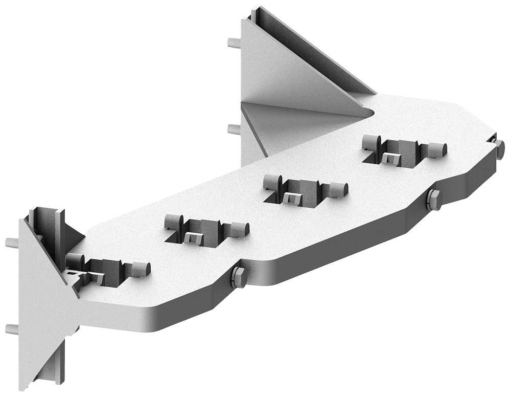 Un support métallique avec plusieurs boulons et entretoises. Il sert à stabiliser ou à fixer à un mur.