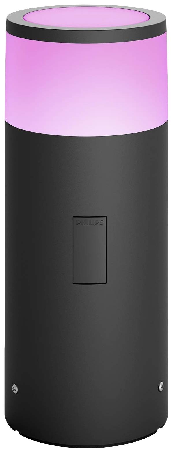 Un luminaire extérieur cylindrique noir avec un sommet rose lumineux, adapté à l'éclairage de jardin ou de chemin.