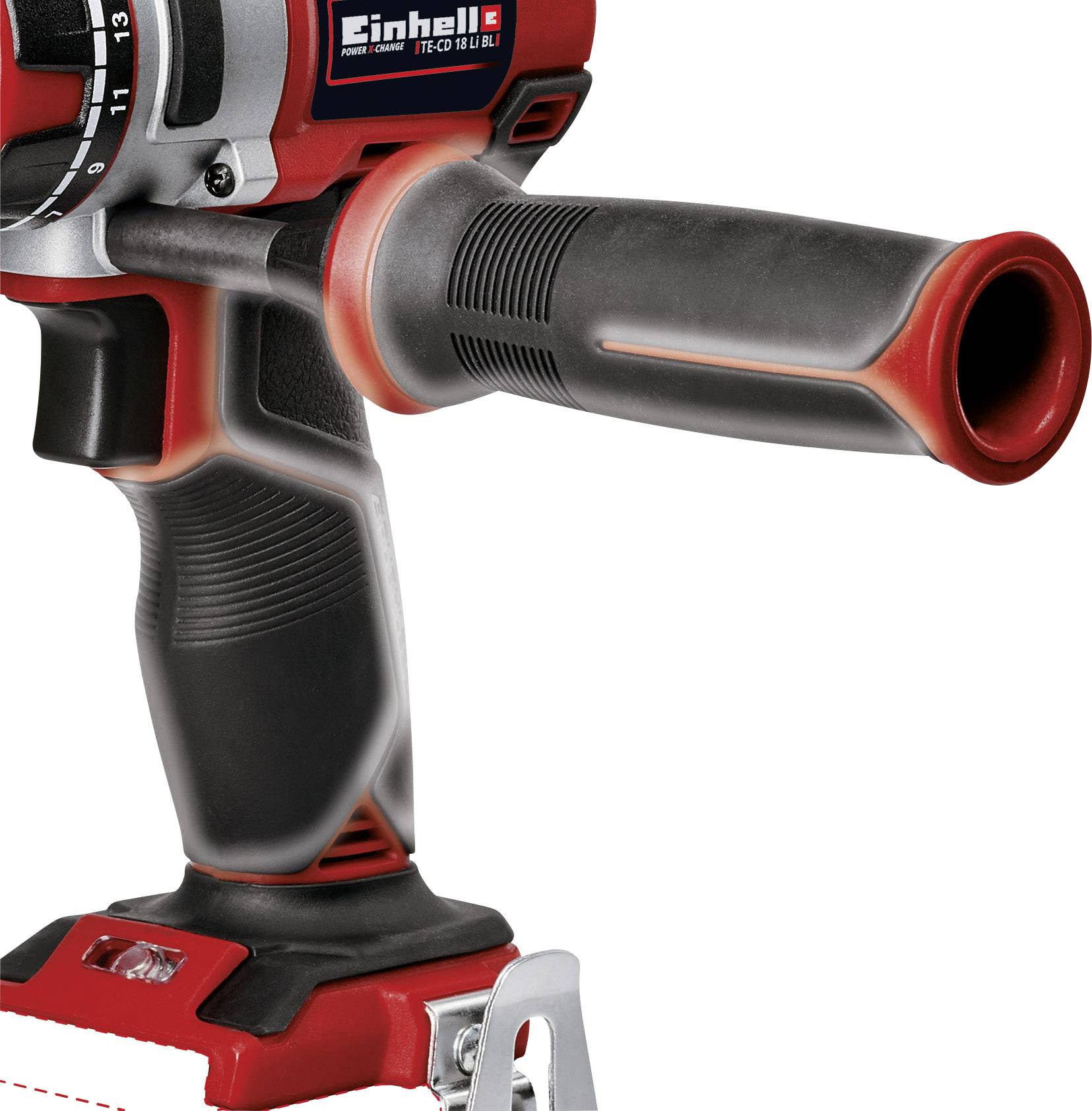 Un tournevis perforateur rouge, noir et gris avec poignée et éléments de commande, vue de côté, la marque Einhell étant reconnaissable sur le boîtier.