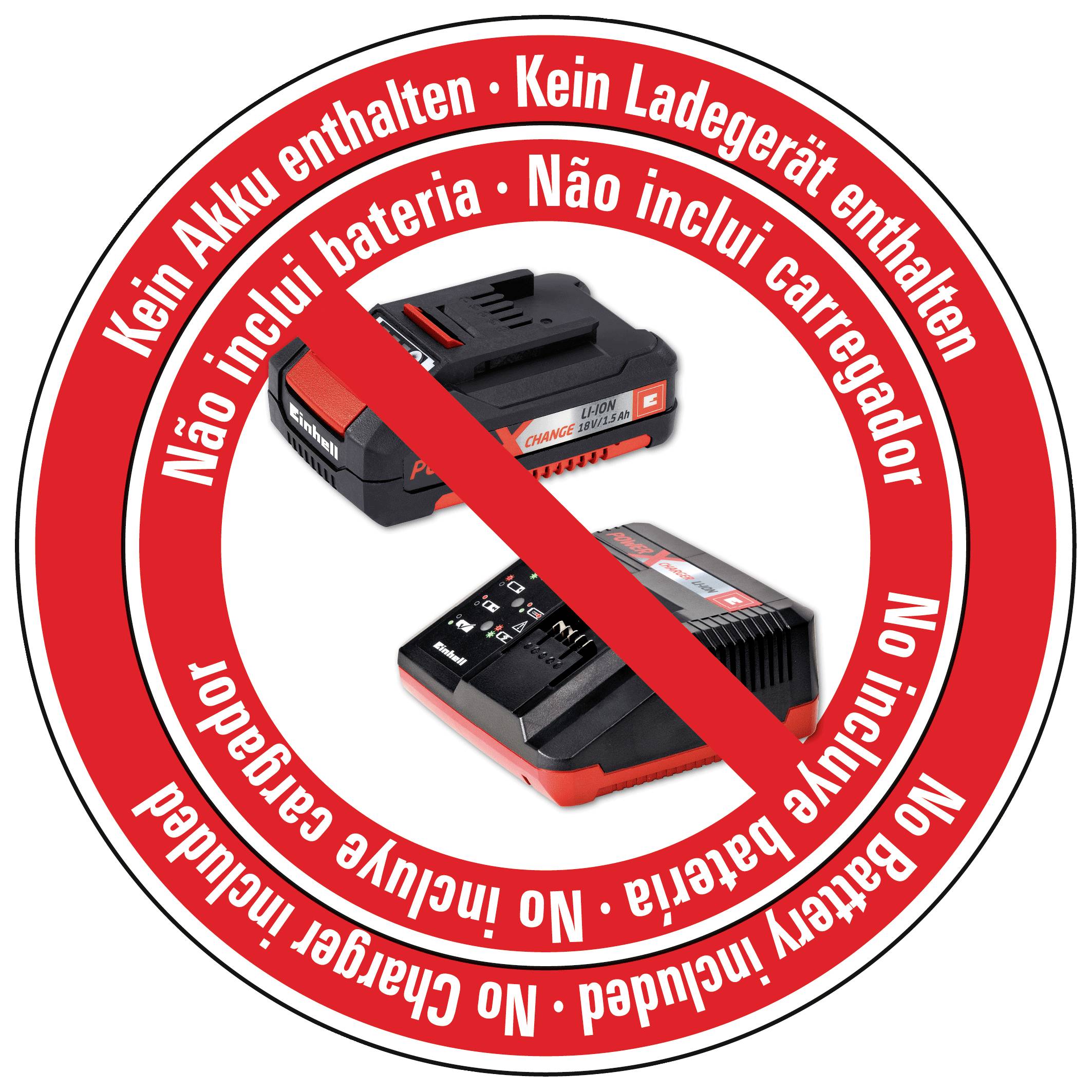 Illustration d'un chargeur de batterie barré avec du texte en plusieurs langues : 'Aucune batterie fournie, Aucun chargeur fourni'.
