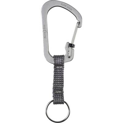 Mousqueton porte-clés avec sangle grise et anneau métallique, doté d'un mécanisme de verrouillage coulissant pour une fixation sécurisée.