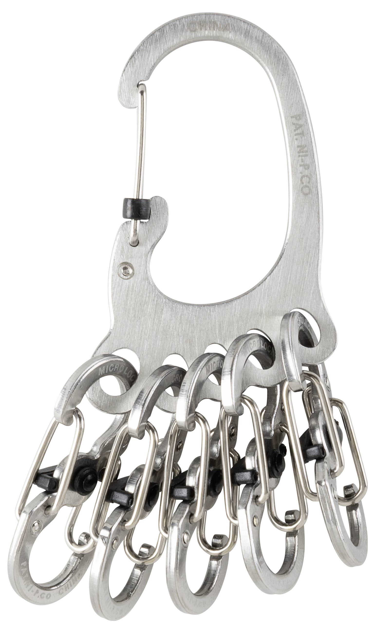 Un mousqueton en métal avec plusieurs clips à ressort articulés pour organiser les clés ou petits objets.