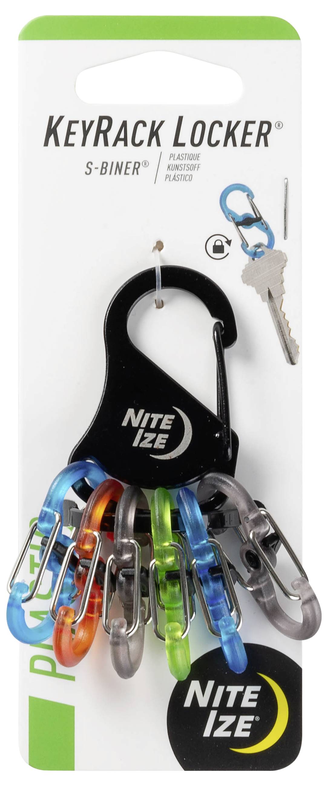 Support de clés Nite Ize KeyRack Locker avec plusieurs porte-clés colorés attachés à un clip S-biner noir.
