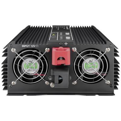 Convertisseur de tension électrique avec deux ventilateurs sur l'avant et une borne de connexion positive rouge. Convient pour une entrée de 12V.