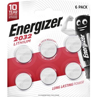 Pack de 6 piles Energizer 2032 au lithium. Texte sur l'emballage : « Durée de conservation de 10 ans », « Sécurité enfants », « Puissance longue durée ».