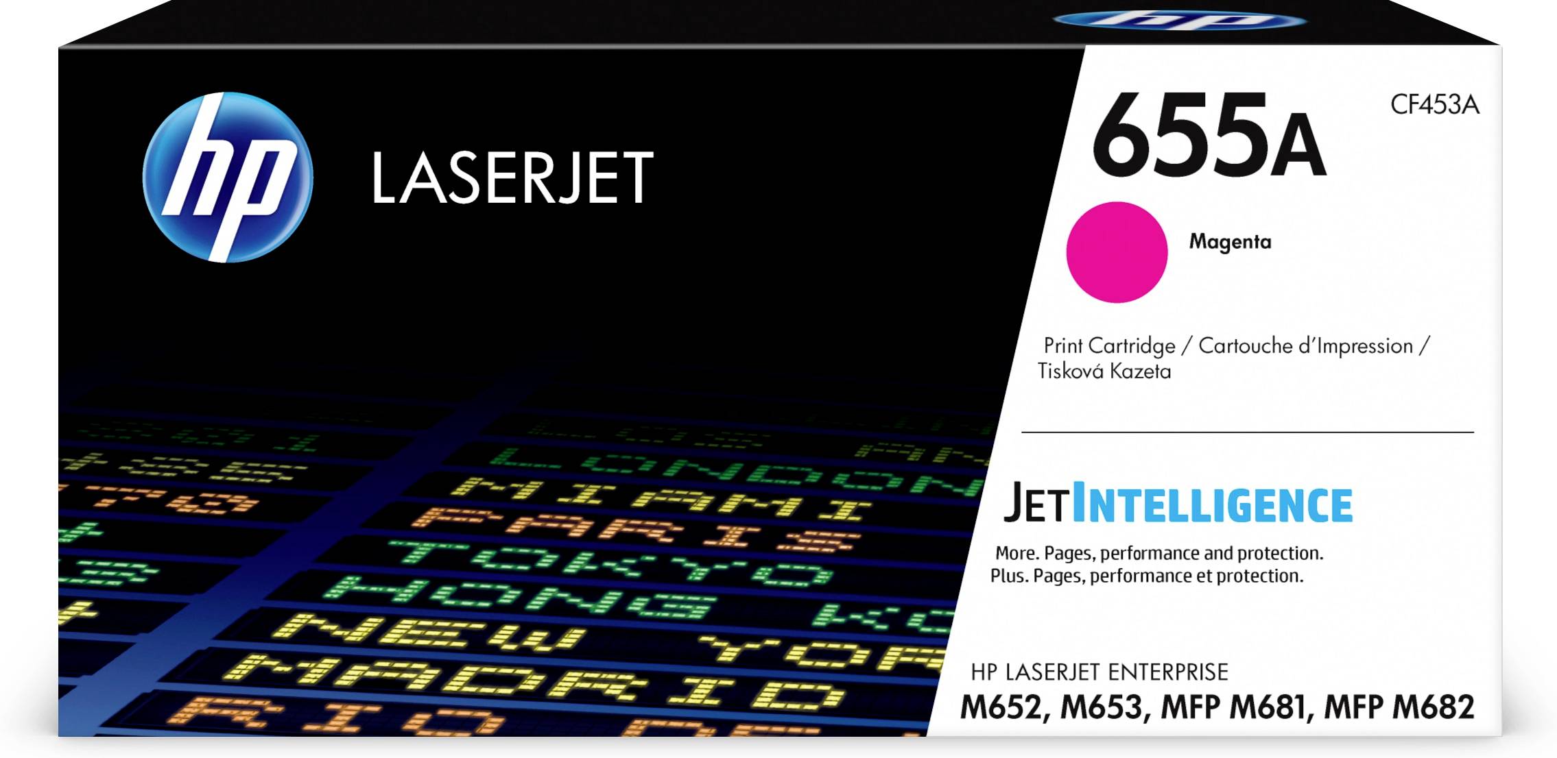 Emballage de cartouche de toner magenta HP LaserJet 655A pour JetIntelligence, étiqueté pour HP LaserJet Enterprise M652, M653, MFP M681 et M682.