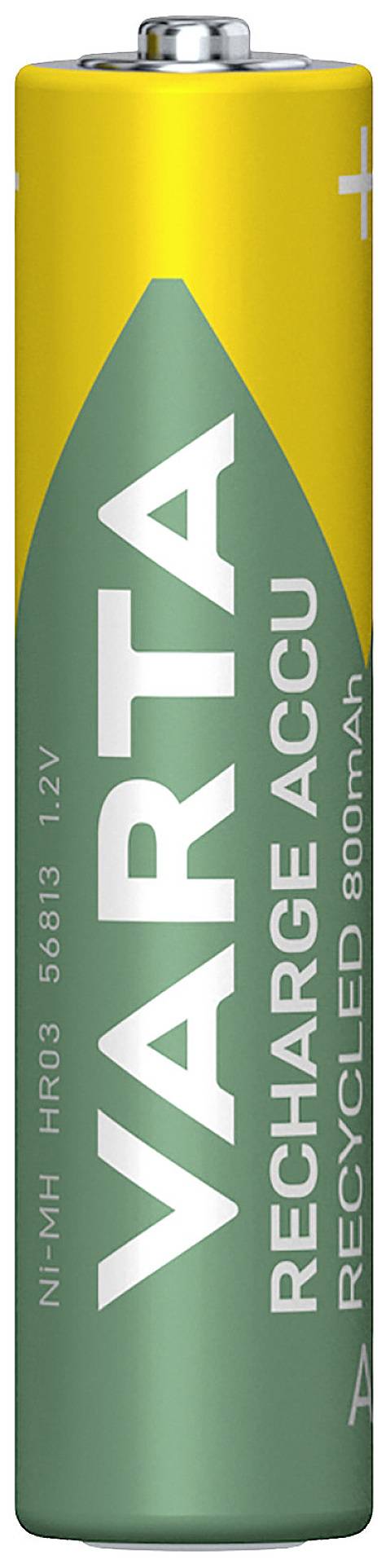 Batterie cylindrique rechargeable avec boîtier vert et jaune. Marquée 'VARTA RECHARGE ACCU' avec une capacité de 800mAh.