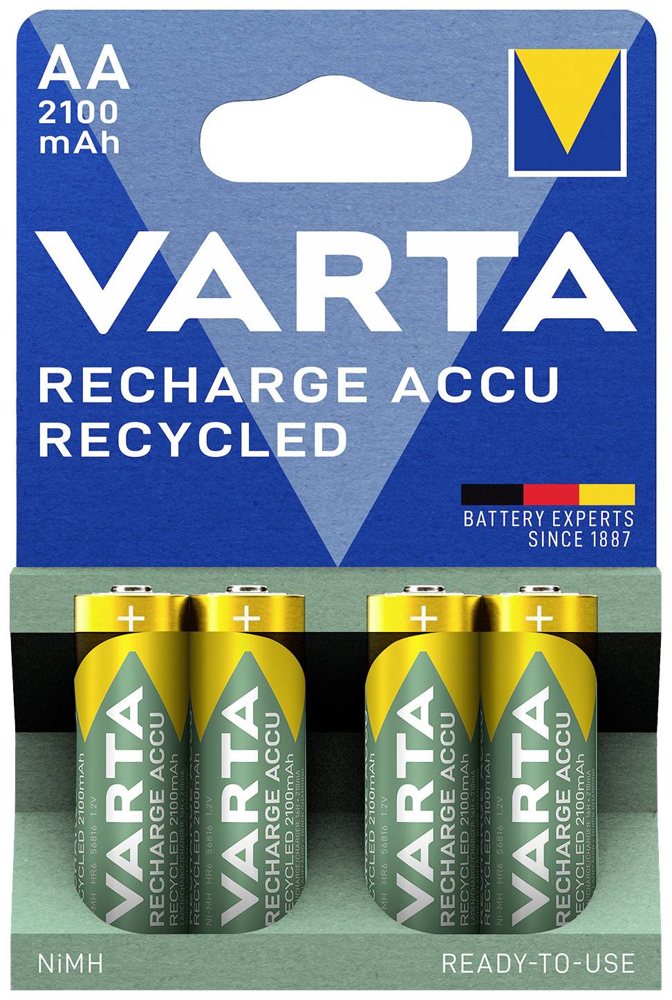 Quatre piles AA Varta dans un emballage à partie supérieure bleue et accent jaune. Texte 'Recharge Accu Recycled'.
