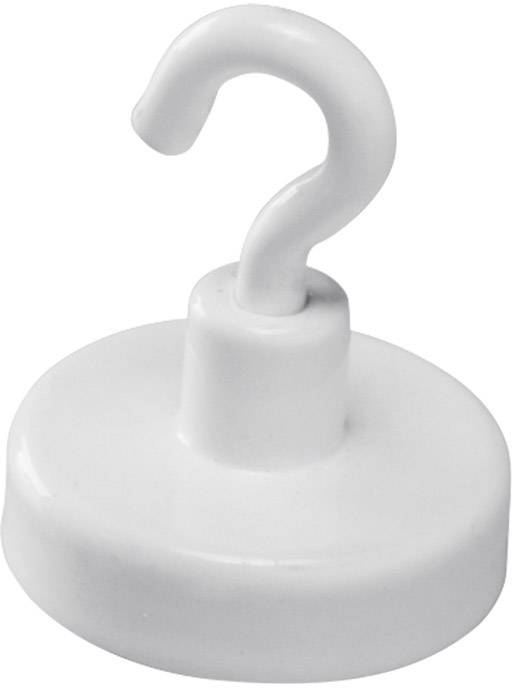 Un crochet magnétique blanc en forme de point d'interrogation sur une surface lisse.