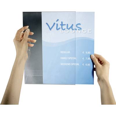 Des mains tiennent un menu transparent sur lequel est inscrit 'Vitus Lounge'. Prix : Regular 9,90 EUR, Family Special 7,90 EUR, Weekend Special 6,80 EUR.