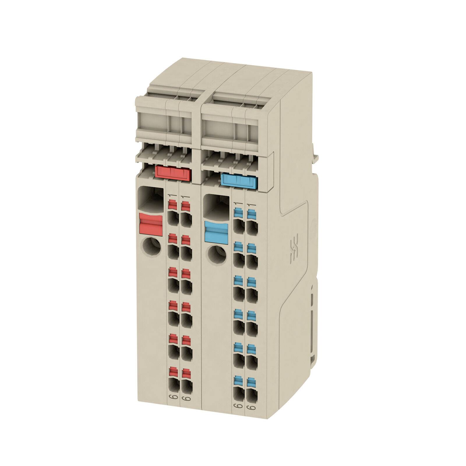 Bloc de bornes électriques beige avec deux sections d'entrée de fil verticales marquées en rouge et bleu, présenté sur fond blanc.