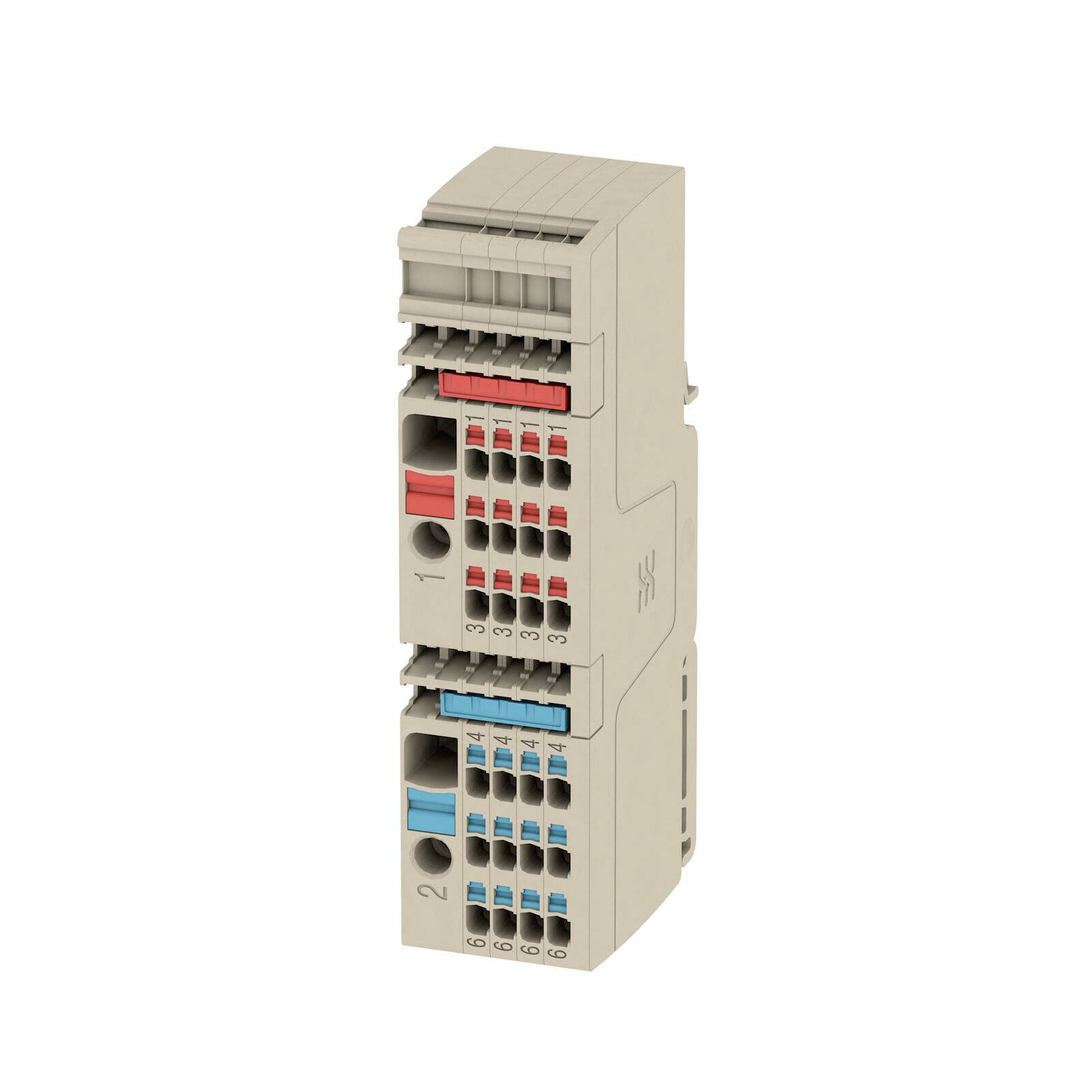 Bloc de bornes industriel beige avec rangées de connecteurs rouges et bleus, présenté isolé sur un fond blanc.