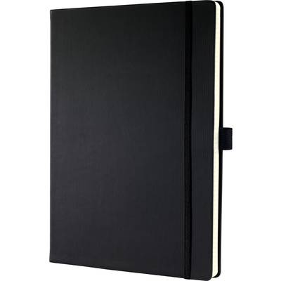 Carnet noir, fermé, avec un élastique de fermeture et un porte-stylo sur le côté.