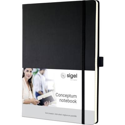 Un carnet noir portant l'inscription « sigel Conceptum notebook ». Une femme tient une tablette. Mise en page quadrillée.