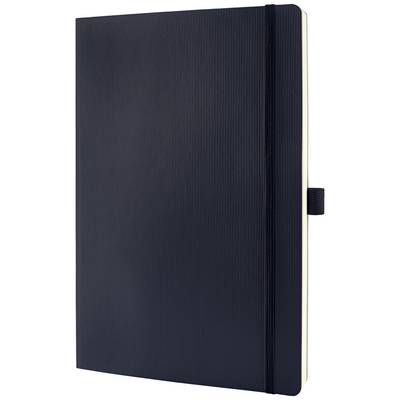 Carnet noir avec bande élastique de fermeture et porte-stylo sur le côté.