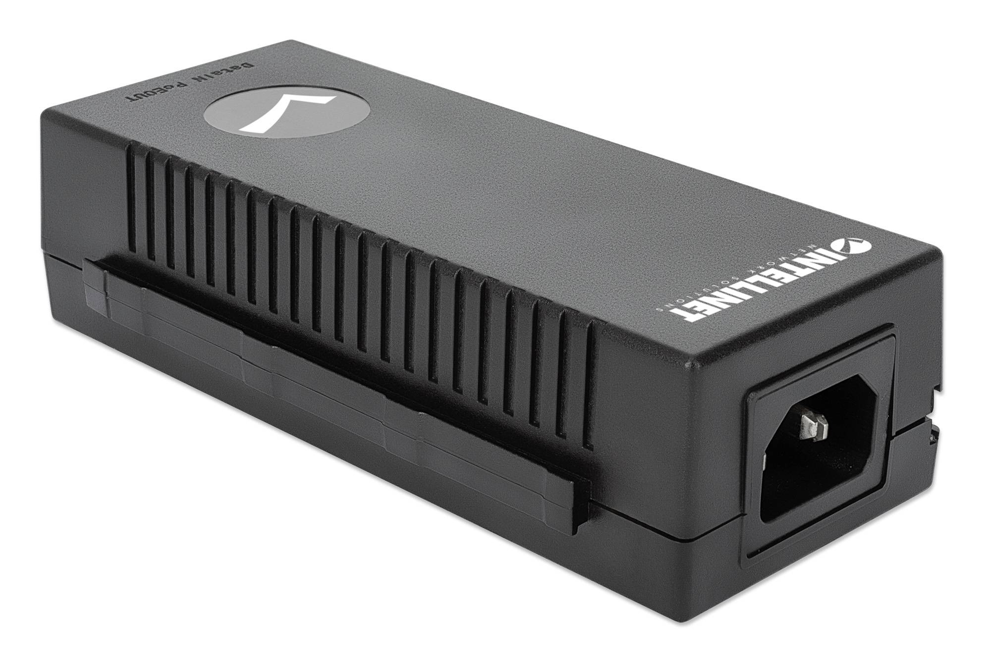 Un connecteur réseau noir avec un boîtier rectangulaire et une prise d'alimentation. Un symbole de flèche est visible sur le dessus.