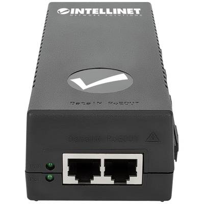 Injecteur PoE Intellinet noir avec deux ports Ethernet et deux voyants LED verts. Le logo Intellinet est visible en haut de l'appareil.