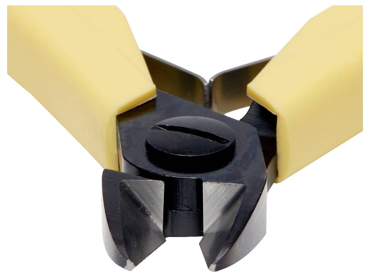 Pince coupante latérale jaune avec des lames de coupe noires, ouverte. Idéale pour la coupe précise de fils et de matériaux fins.