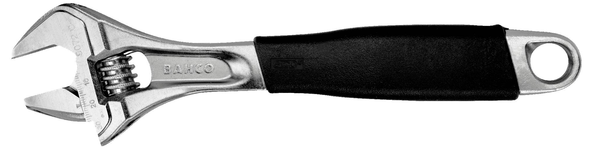 Clé à molette réglable avec une poignée de manche noir, présentant des graduations sur la mâchoire pour un mesurage précis.