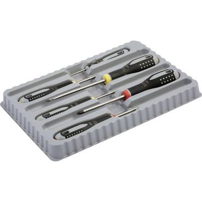 Ensemble de six tournevis dans un récipient en plastique gris, rangés par taille et type. Chaque tournevis possède un anneau coloré sur la poignée.