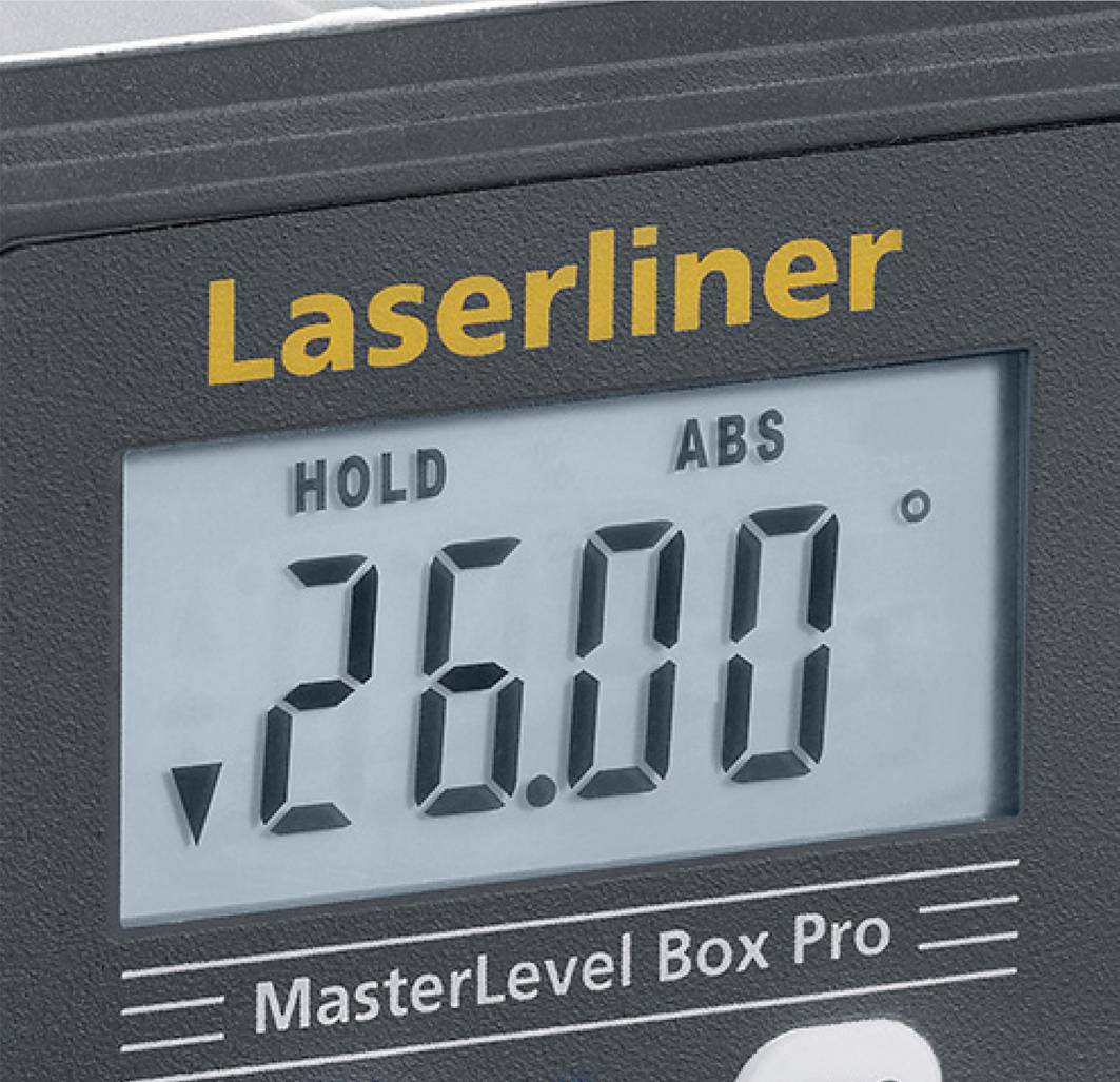 Un inclinomètre numérique de Laserliner affiche une mesure de 26,00 degrés. Nom du modèle : MasterLevel Box Pro.
