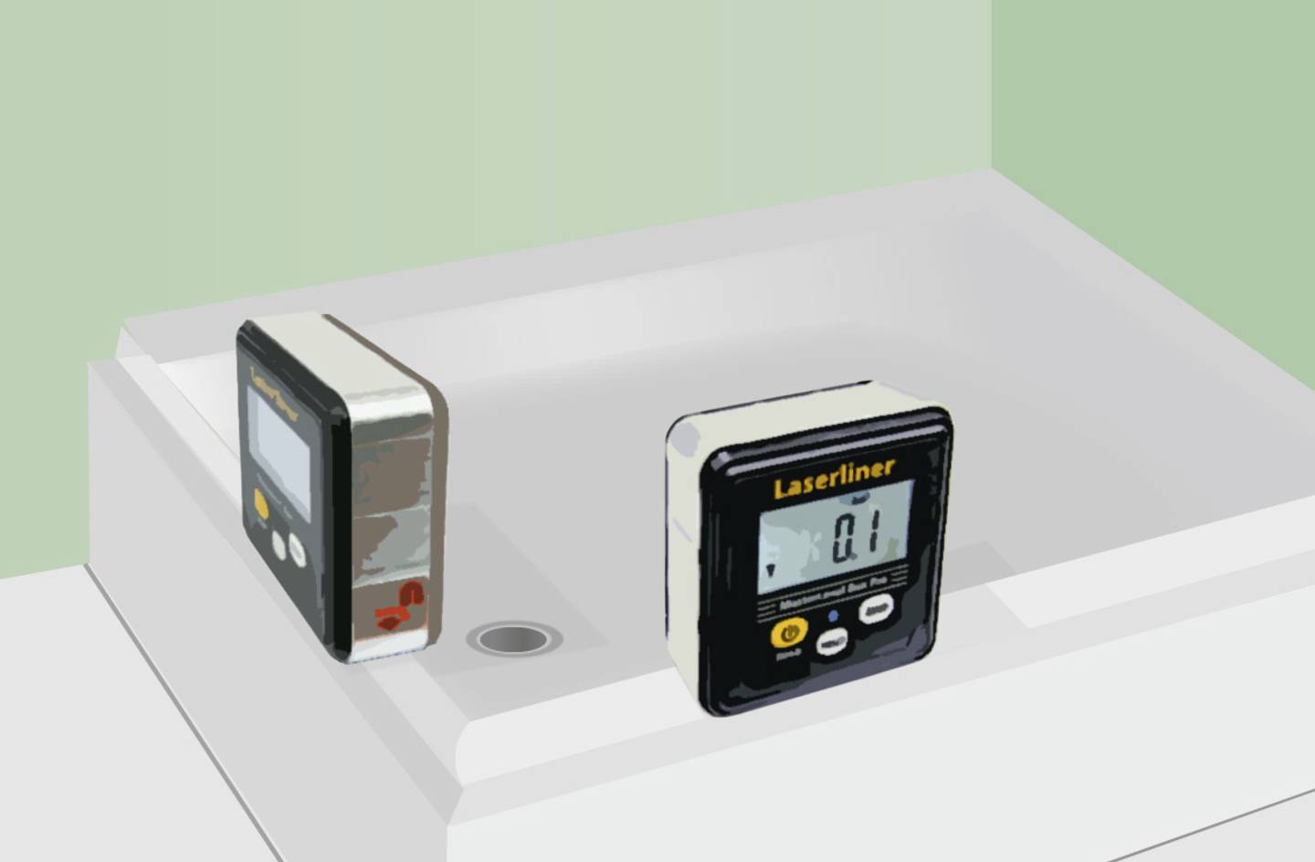 Deux niveaux numériques posés sur une surface plane avec des valeurs d'inclinaison légèrement différentes. Les deux affichent des données de mesure.