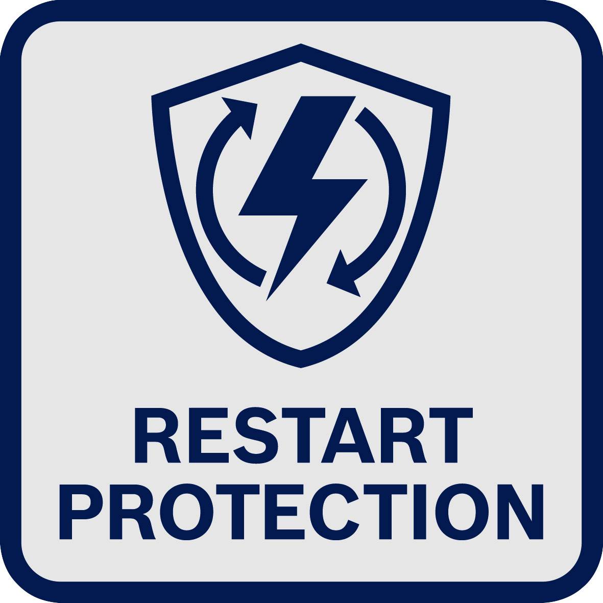 L'image montre un panneau portant le texte 'Restart Protection' avec un symbole de foudre dans une flèche circulaire.
