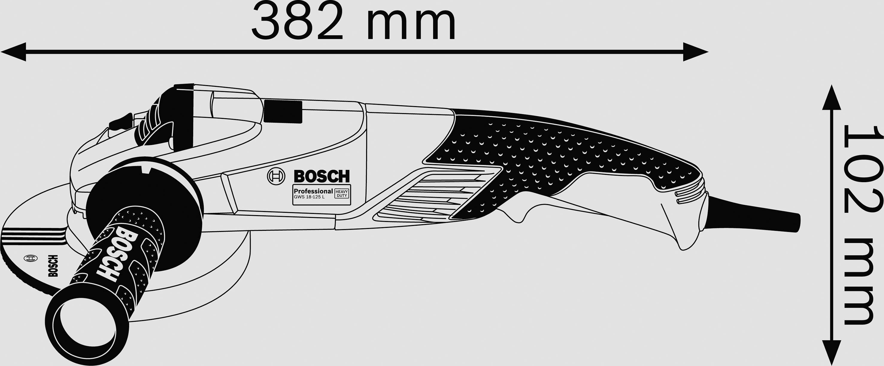Un meuleuse d'angle de la marque Bosch, mesurant 382 mm de long et 102 mm de hauteur.