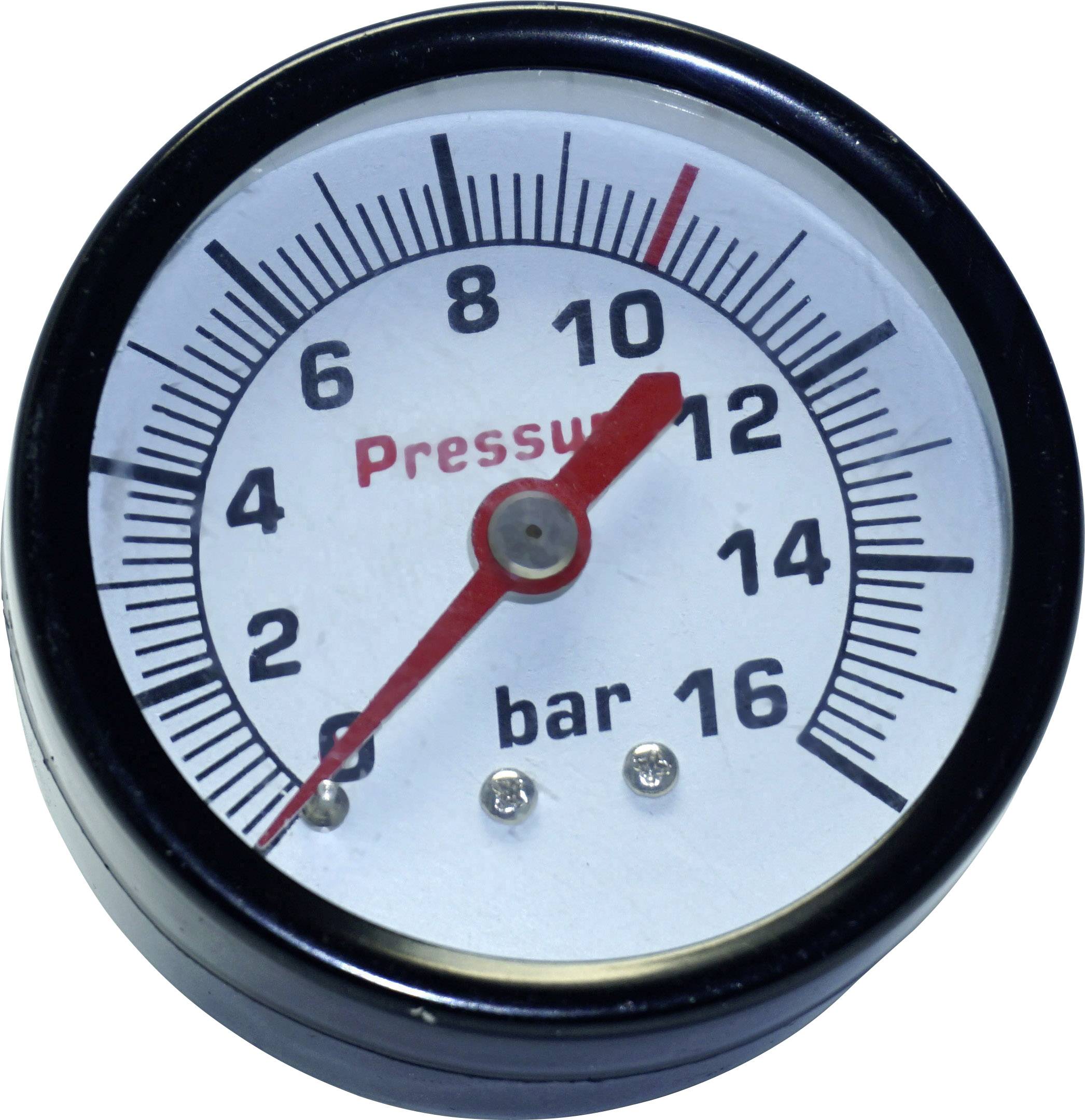 Manomètre avec échelle de 0 à 16 bars, l'aiguille rouge indique 12 bars.