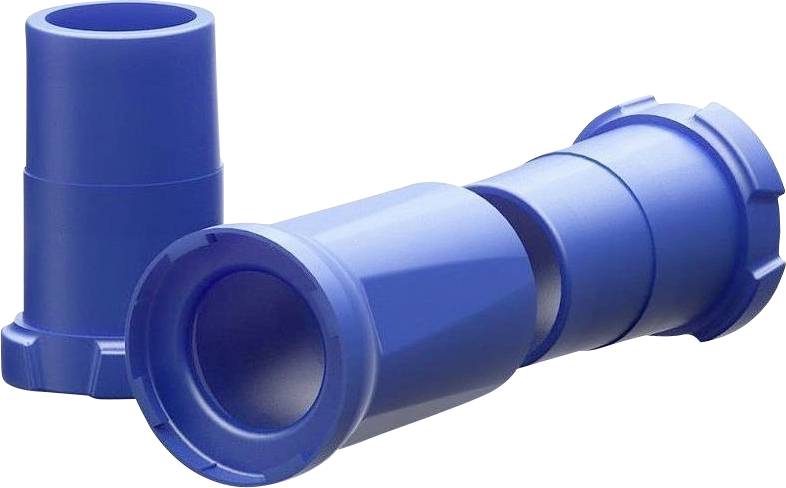 Deux pièces en plastique bleu, l'une debout et l'autre couchée. Elles ont des formes cylindriques et pourraient être des pièces de connexion.
