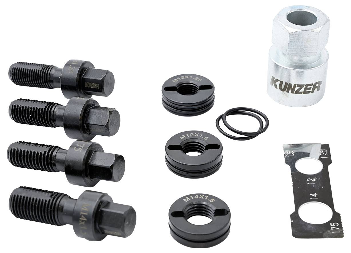 Un ensemble de quatre vis noires à filetages différents, avec un adaptateur portant l'inscription 'Kunzer' et une clé métallique noire.