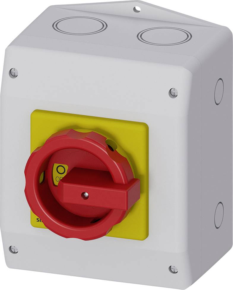 Boîtier électrique blanc avec un commutateur rotatif rouge sur un fond jaune, utilisé pour mettre en marche et arrêter une source d'alimentation.