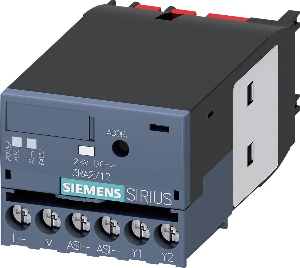 Relais de protection moteur Siemens SIRIUS 24V DC 3RA2712 en noir et bleu avec connexions en bas.
