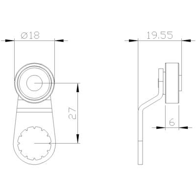 Dessin technique d'un composant : Vue de face et vue latérale indiquant les dimensions en mm, incluant Ø18, 27, 19.55 et 6.